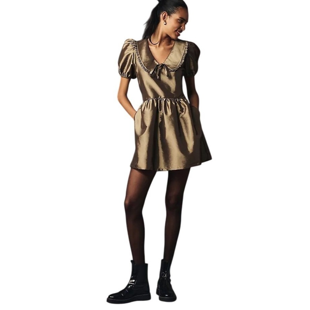 Porridge Anthropologie Taffeta Mini Dress Olive Bronze Puff Sleeve Peter Pan M - Picture 2 of 10